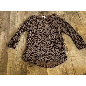 Market & Spruce Women’s Small Leopard Print Long Sleeve Top Brown Casual